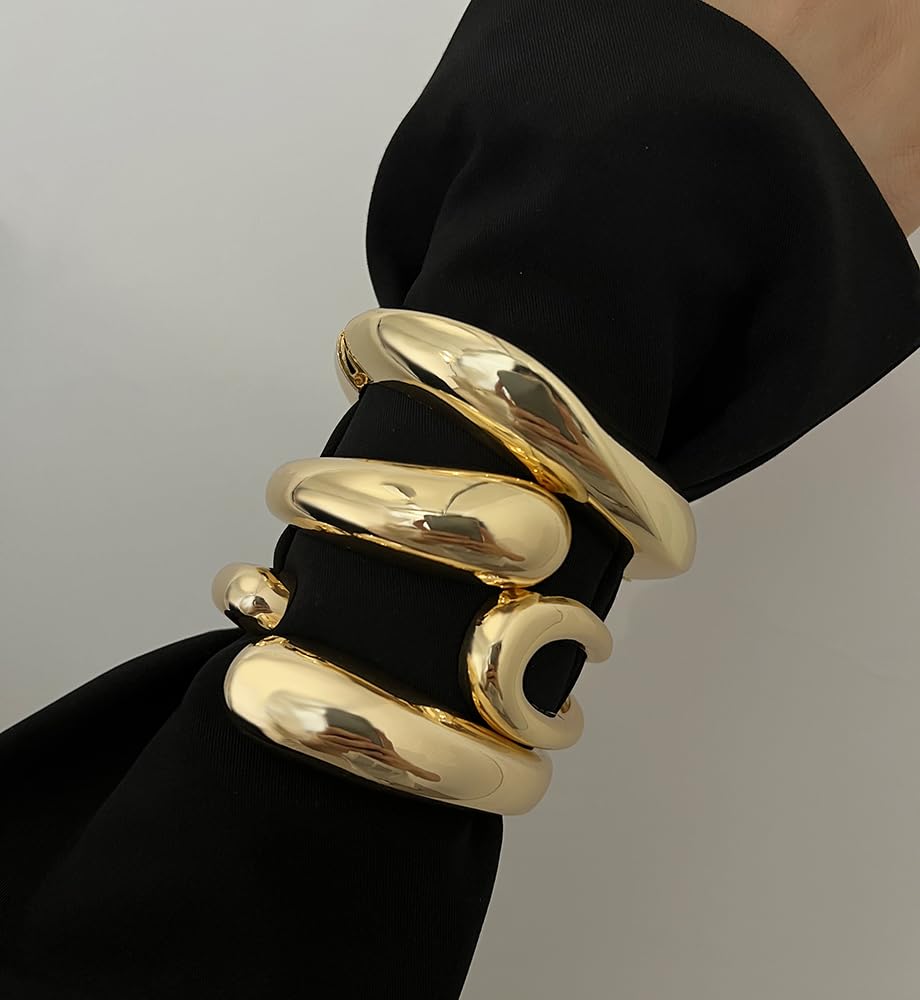 Chunky Gold Bangle Bracelets for Women, Dainty 14k Gold Plated Big Stackable Bangles Set, Trendy Statement Cuff Bracelet Stack Fashion Jewelry Gifts (A9-gold)