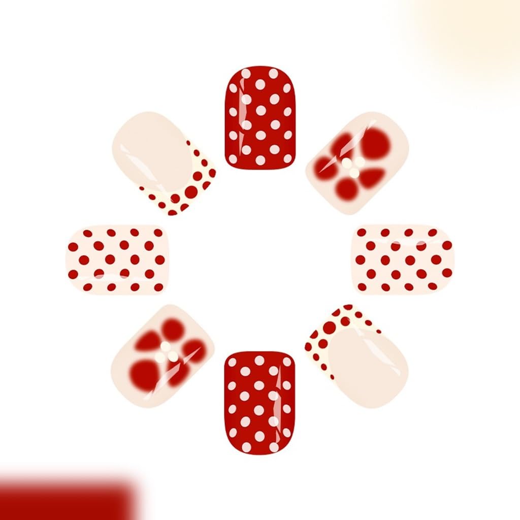 Short Press on Nails Square - Red Fake Nails with Polka Dot Design - Flower Full Cover Stick on Nails - for Women Winter Manicure 24 Pcs