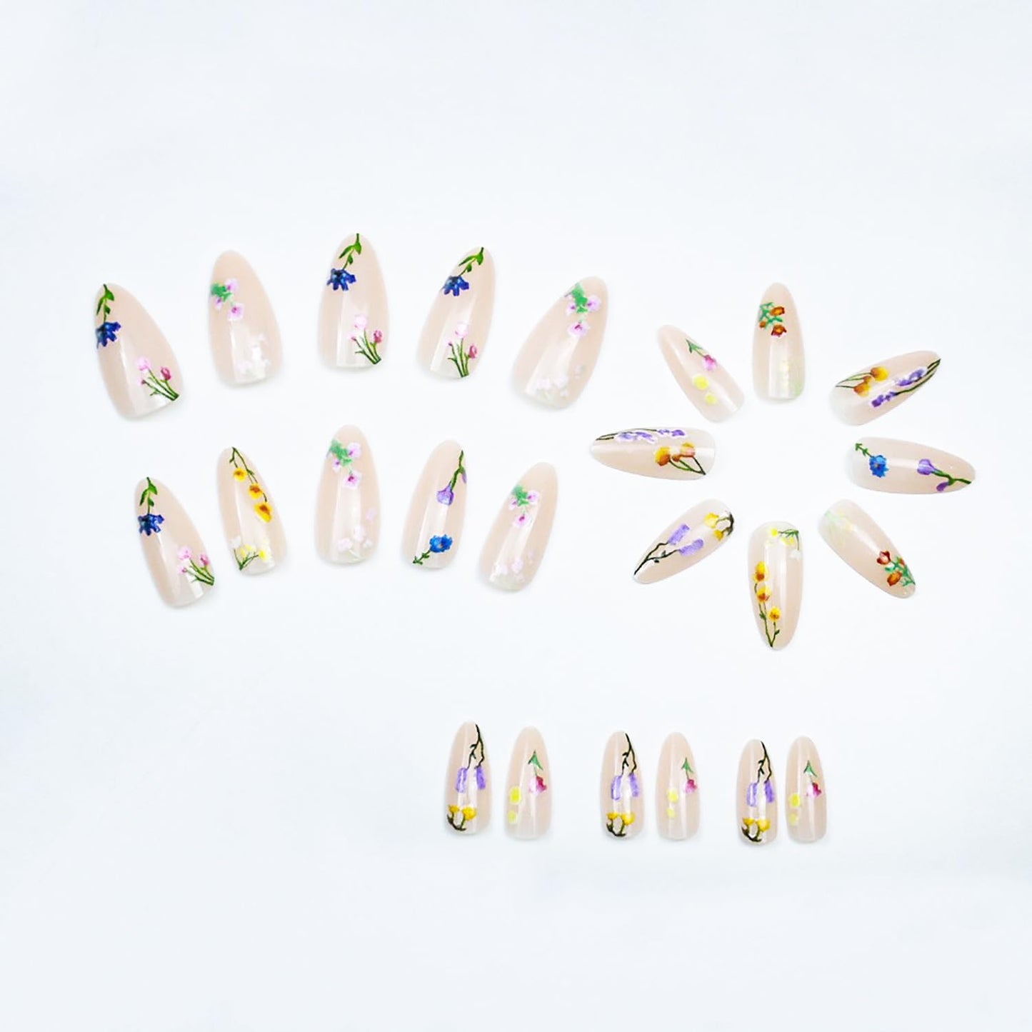 Medium Almond Press on Nails Fake Nails Flower False Nails with Floral Designs Nude Pink Glossy Glue on Nail Full Cover Spring Summer Acrylic Nails for Women Girls 24Pcs