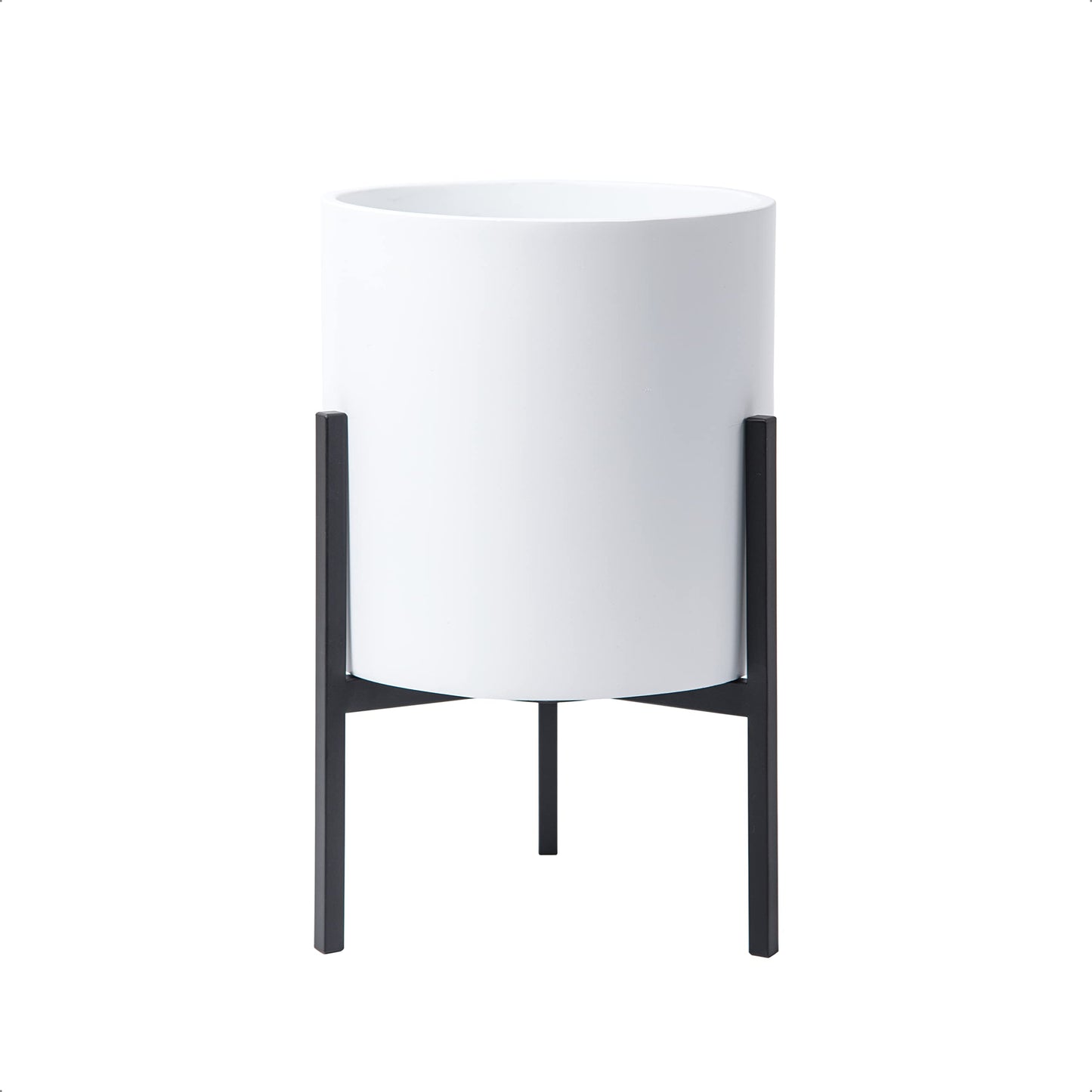 D'vine Dev Mid Century Fiberglass Resin Planter Pot with Iron Stand, 8 inch, Matte White, 96-A-1-S