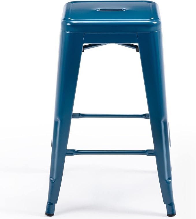 Vogue Furniture Direct 24 Inch Metal Bar Stools, Backless Counter Height Barstools, Indoor Outdoor Stackable Stools with Square Seat, Set of 2 (Deep Blue)
