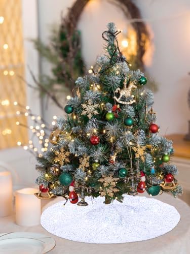 Mini Tree Skirt 24 Inches White Iridescent Sequin Embroidery Velvet Tree Skirts for Home Party Christmas Tree Decorations