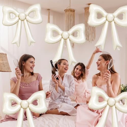 6 Pcs Cream Bow Balloons, 30 Inch Beige Bow Foil Balloon, Cream White Cutout Balloons, for Girls Women Wedding Engagement Bridal Valentine’s Day Proposal Baby Shower Birthday Party Decorations - style: Hollow Bow Cream