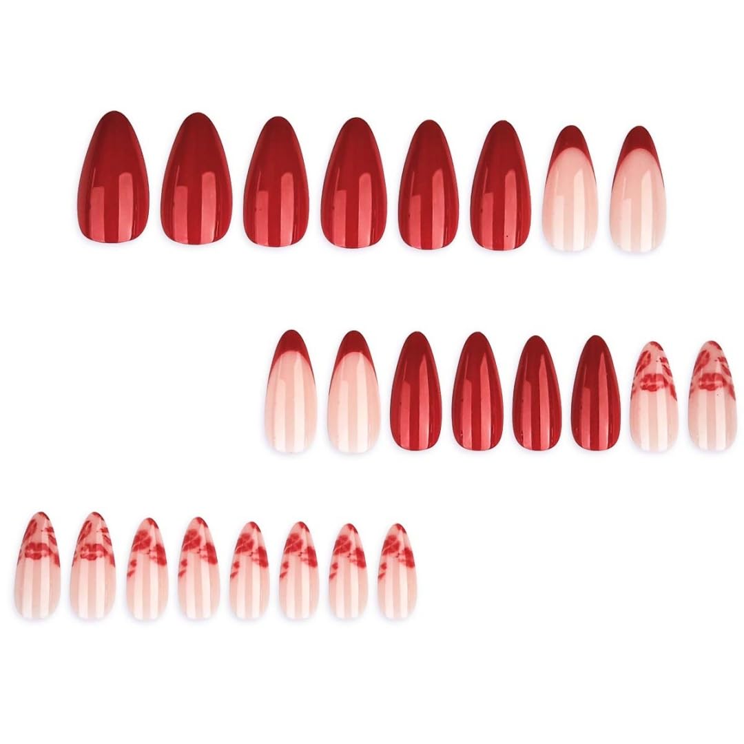 Valentine's Day Press on Nails Medium Almond Fake Nails Red French Tip False Nails with Lips Design Glue on Nail Full Cover Artificial Acrylic Stick on Nail for Women Manicure 24Pcs