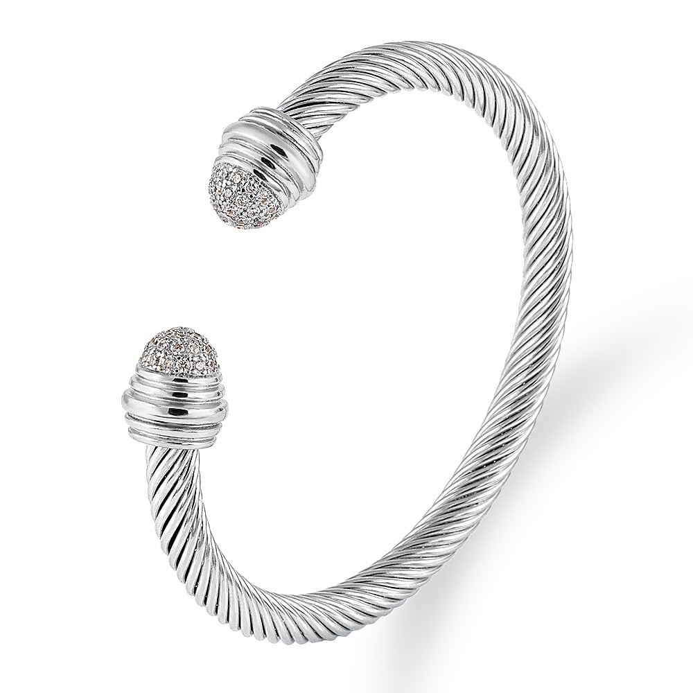 WCB1FPu Stainless Steel Cable Wire Open Cuff Adjustable Size Bangle Zircon inlaid Bracelet (16)