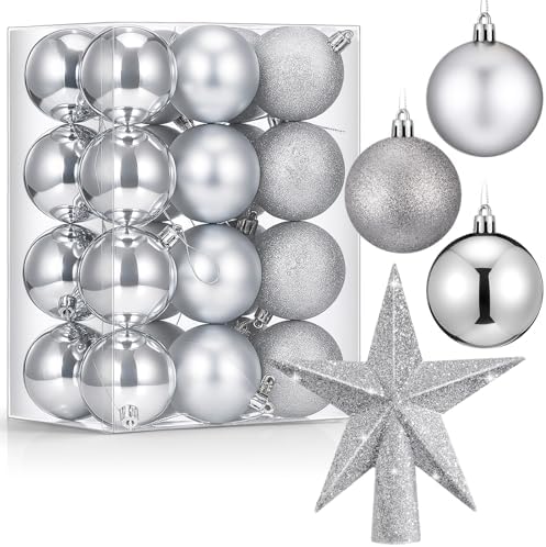 RoundFunny 25 Pcs Mini Christmas Balls Ornaments Set 2.36 Inch Christmas Day Ball Topper Star Tree Hanging Ornaments for Party Decoration(Silver)