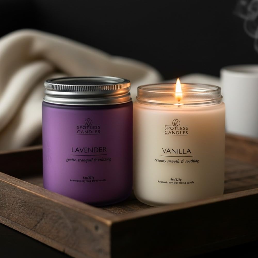 Aromatic Candles Two Pack - 2 x 8 oz Lavender & Vanilla in a Gift Pack, Classic Candle Set for Men and Women by Spotless Leopard