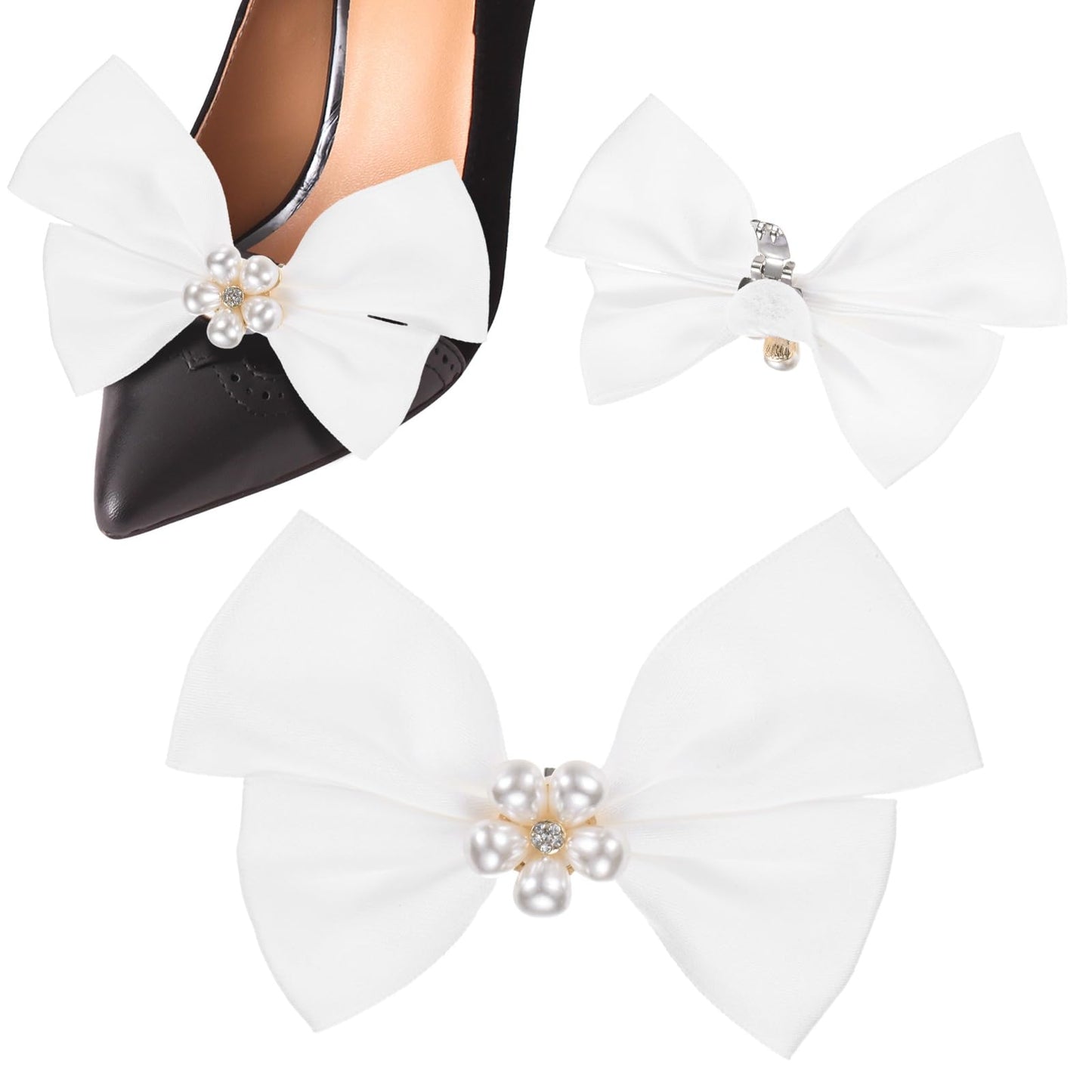 M METERXITY 2-Pack Bow Shoe Clips, Satin Elegant Detachable Shoe Buckle Bridal Bow Heels Accessories with Pearl Rhinestone for Wedding/Party/Prom, Cute Bowknot Heels Clip [Pure White]