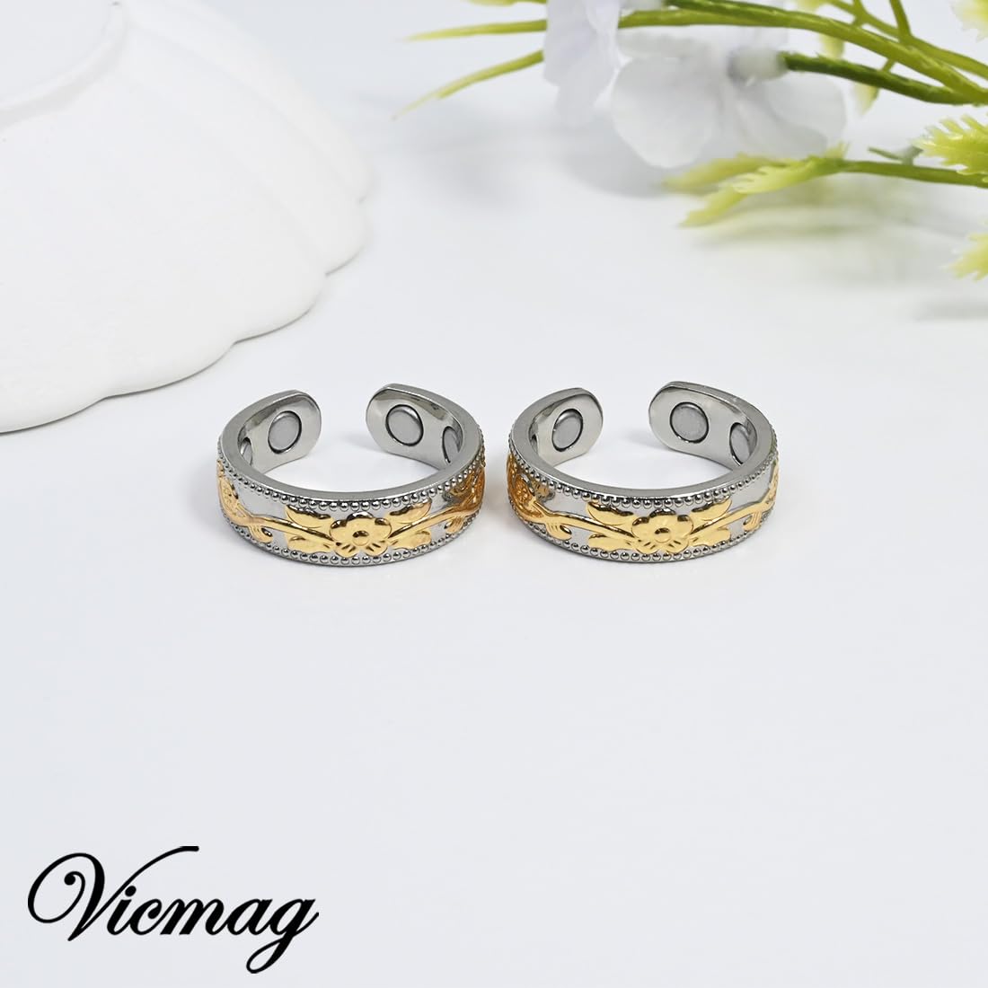 Vicmag Copper Magnetic Rings for Women, Magnetic Ring Ladies Fingers Thumb 100% Solid Pure Copper Gift Adjustable (Golden Flower)