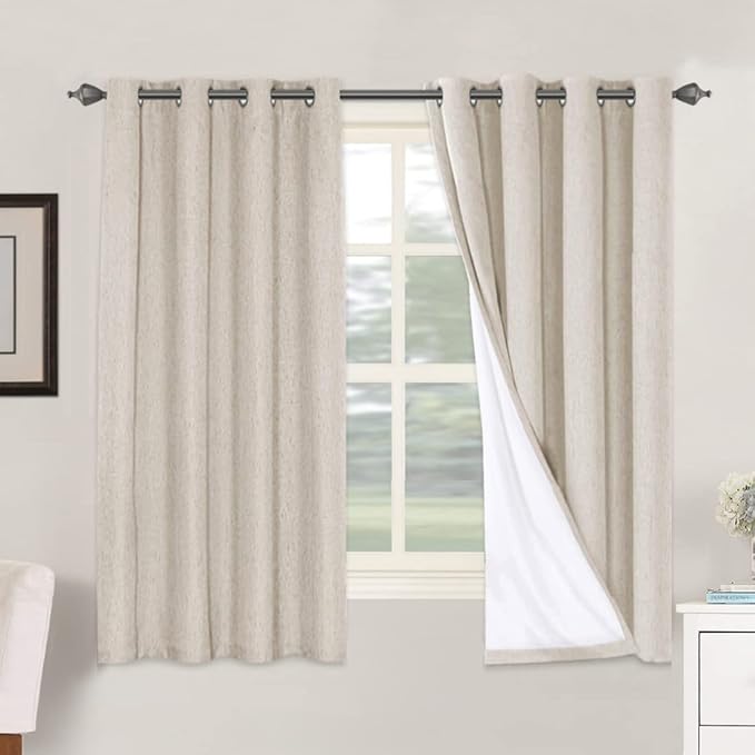 H.VERSAILTEX Linen Blackout Curtains 63 Inches Long, Full Blackout Thermal Insulated Textured Linen Look Curtain Draperies Anti-Rust Grommet with White Liner, 2 Panels, Natural