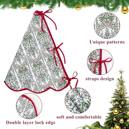 60 Inch Christmas Tree Skirt Vintage Red Floral Block Print Tree Skirts with Scalloped Edge, Classic Xmas Tree Skirt for Merry Christmas Party Holiday Home Farmhouse Indoor Outdoor Decorations