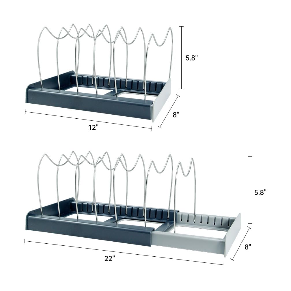 Tenrry Pot and Pan Organizer Rack for Cabinet - Expandable 12" to 22" Kitchen Cabinet Organizer with 7 Dividers, Heavy-Duty ABS Base for Lids, Cutting Boards, Bakeware, Cookware Storage, Grey