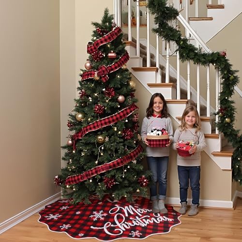 OurWarm Christmas Tree Skirt 60 Inches, Buffalo Plaid Red Tree Skirt for 7 ft Tree or 9ft Tree, Double Sided Burlap Tree Skirt Snowflake Xmas Tree Skirts for Winter Rustic Boho Farmhouse Tree Decor