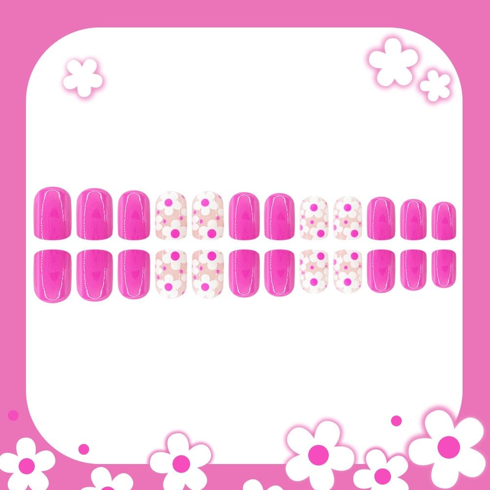 Flower Press on Nails Short Square Fake Nails with White Floral Design Glossy Rose Pink Nails Press on Spring Summer False Nails Reusable Full Cover Glue on Nails for Women Manicure 24Pcs