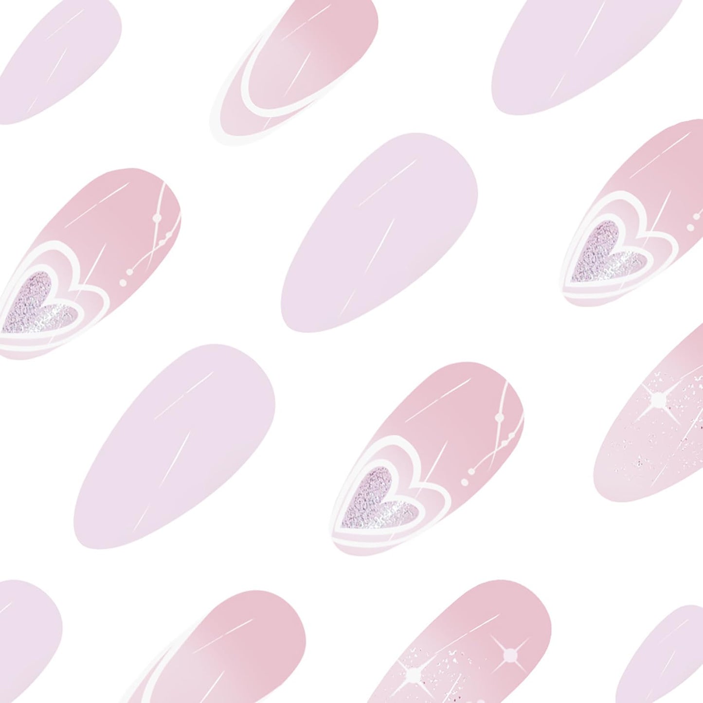 24 Pcs Valentine’s Day Press on Nails Almond False Nails Heart Fake Nails with Glitter Design Pink White Full Cover Artificial Nails French Medium Glue on Nails Reusable Stick on Nails for Women