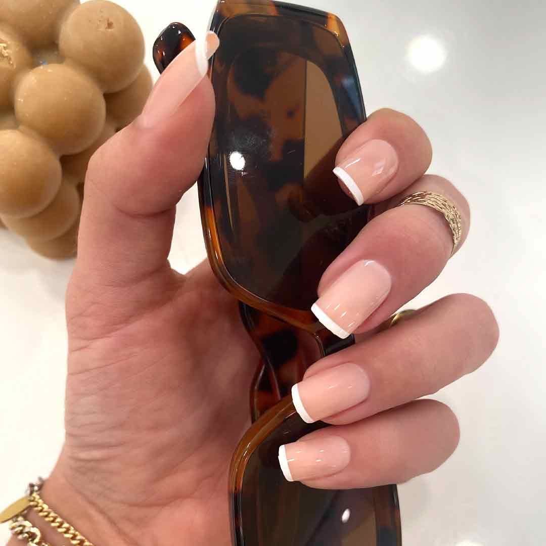 NATURAL FRENCH Press-On Nails by Lavaa Beauty | Short Square | Thin French Tip on Glossy Nude Base