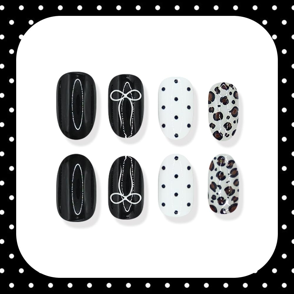 Black White Press on Nails Medium Oval Fake Nails Glossy False Nail with Designs Polka Dot | Leopard | Bow,Y2K Reusable Glue on Nail Full Cover Stick on Nails for Women Manicure 24Pcs