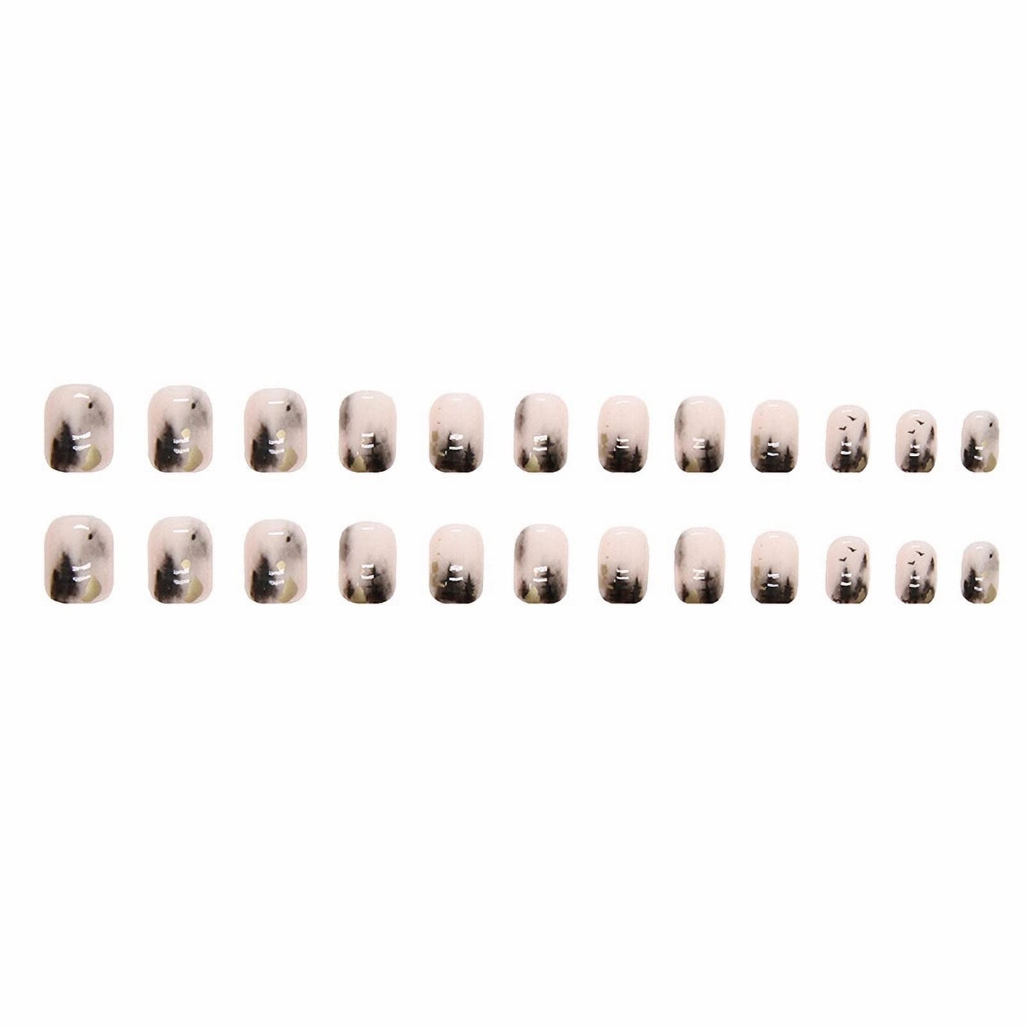 MISUD Press on Nails - Short Square Glue on Nails with Black Ink, Acrylic Gold Foil Design 24 pcs