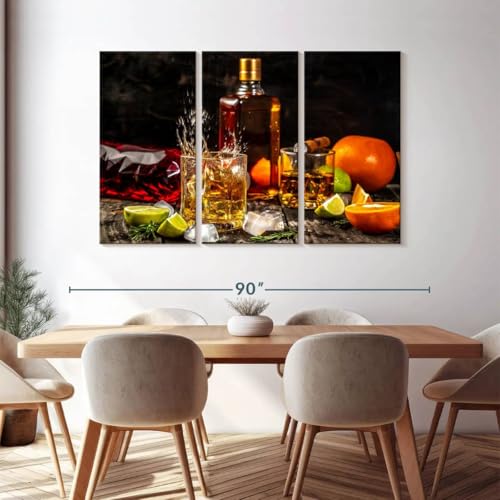 ElephantStock - Citrus Whiskey And Cigar Wall Art - Horizontal Multi Panel Canvas - 3 Piece Living Room Wall Decor - Photography Food And Drink Multi Piece Wall Art - Brown And Gray Decor - 74" x 48" - size: 74L" x 48W"