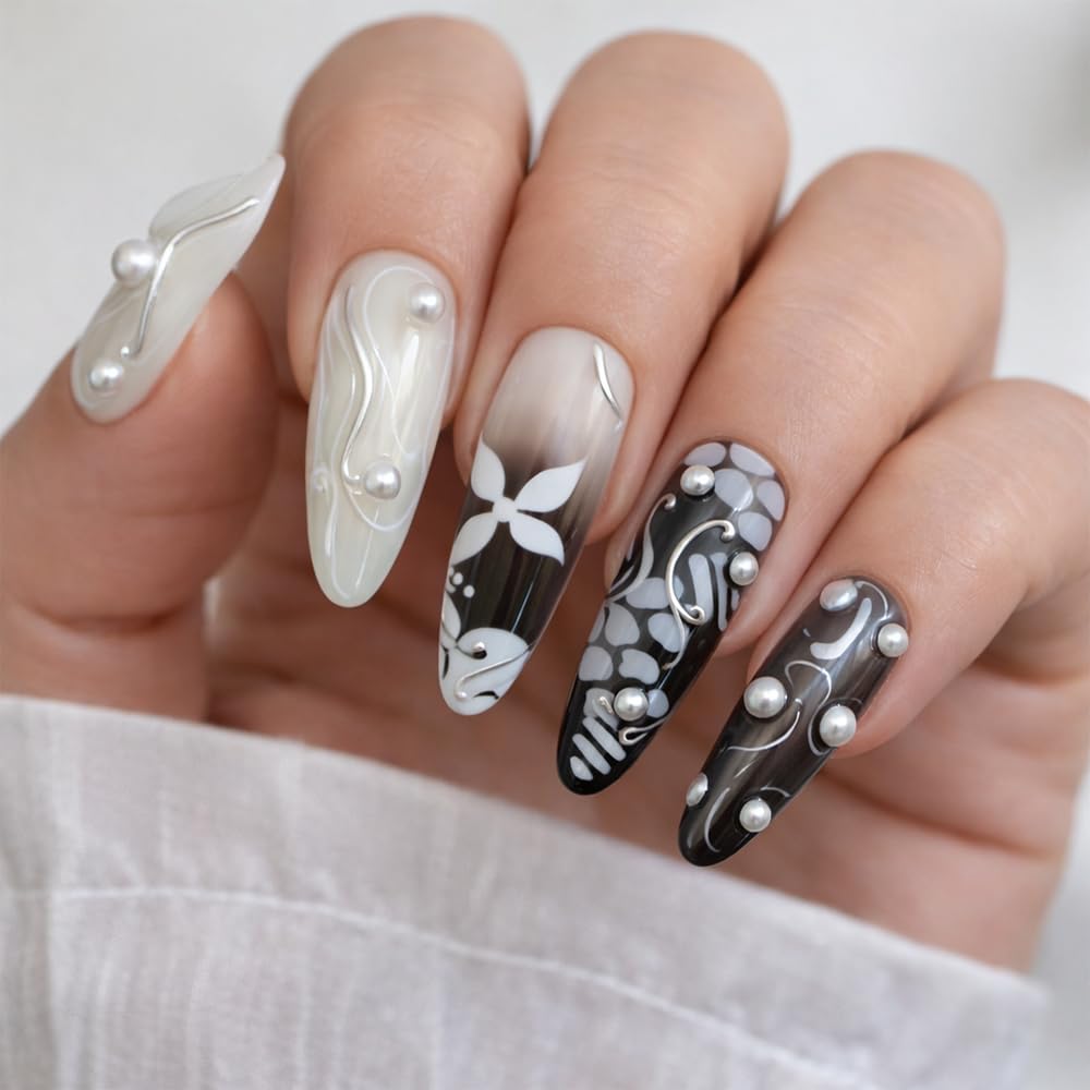 WZHAOJUN Handmade Press On Nails,Medium Black Presson Nails For Women,10pcs Abs Material Fake Nails With Design-Reusable Glue On Hand Made Nails For Party Wedding(10Pcs Size M)