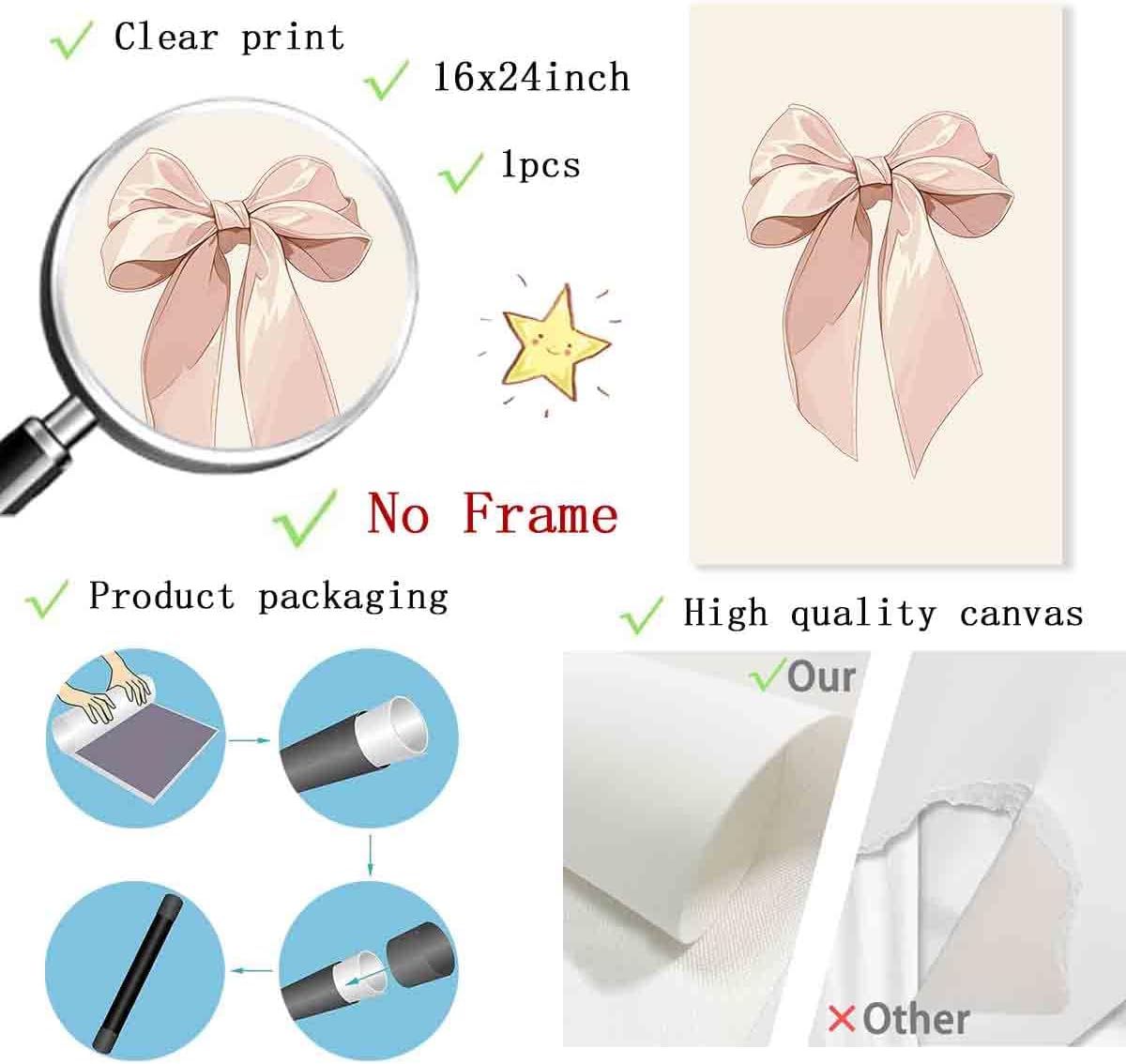 Vlolvfe Pink Bow Pictures Watercolor Bow Picture Bows Poster Light Pink Bows Poster Preppy Coquette Posters Trendy Aesthetic Wall Art Girly Room Decor 16x24inch No Frame