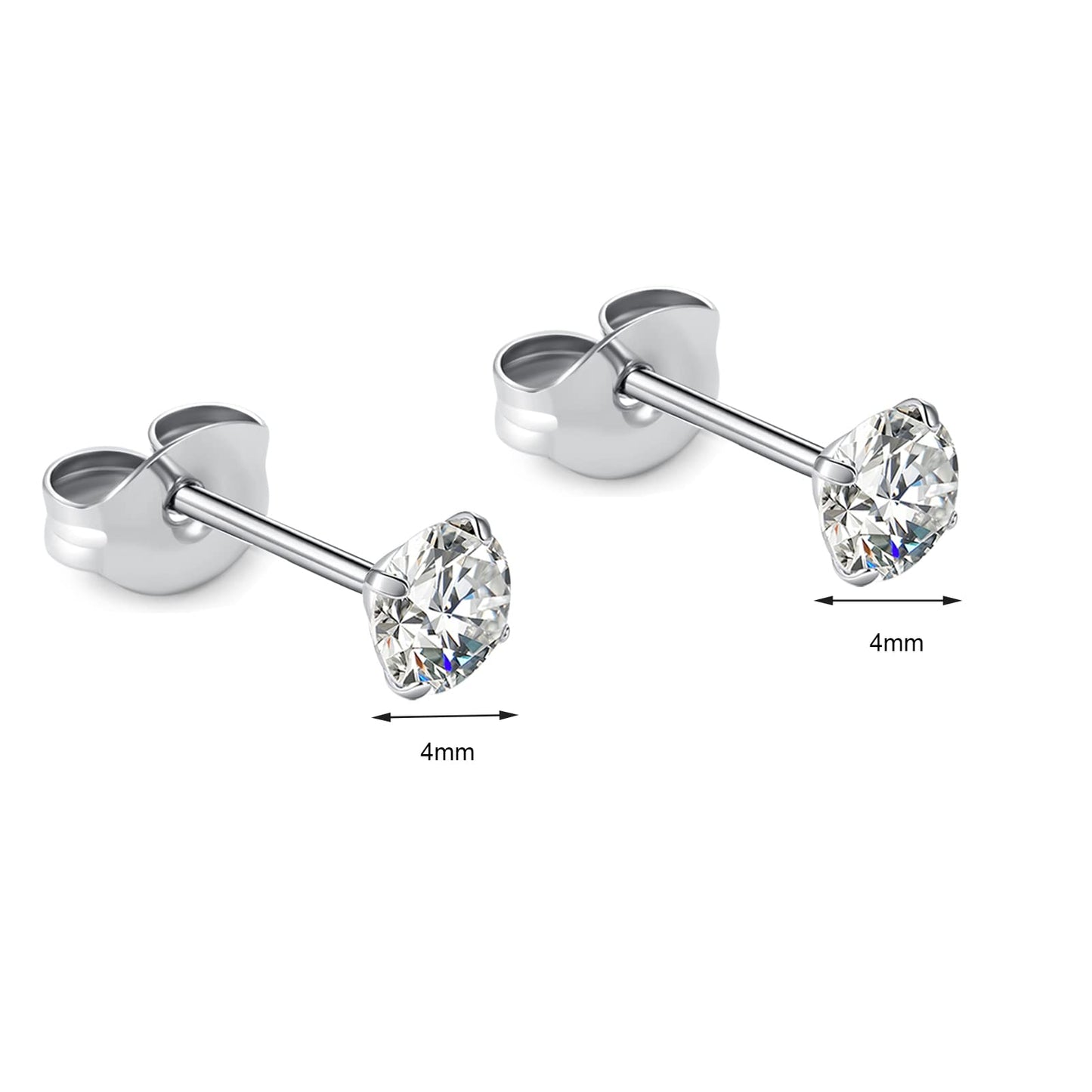 1 Pair Implant Grade Titanium Stud Earrings Set Hypoallergenic 3mm 4mm 5mm 6mm Cubic Zirconia G23 Titanium Earring Studs for Women Men for Sensitive Ear (4mm clear)