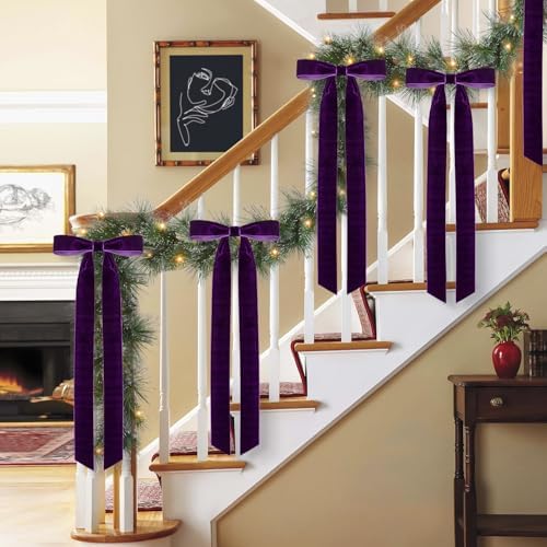 Velvet Bows for Christmas Tree Pack of 4 Large Rustic Crafts Gift Wreath Bow Ornaments for Xmas Topper Staircase Home Wedding Outdoor Interior Decor, 2" Width, 23 x 8.7 Inch (4, Purple)
