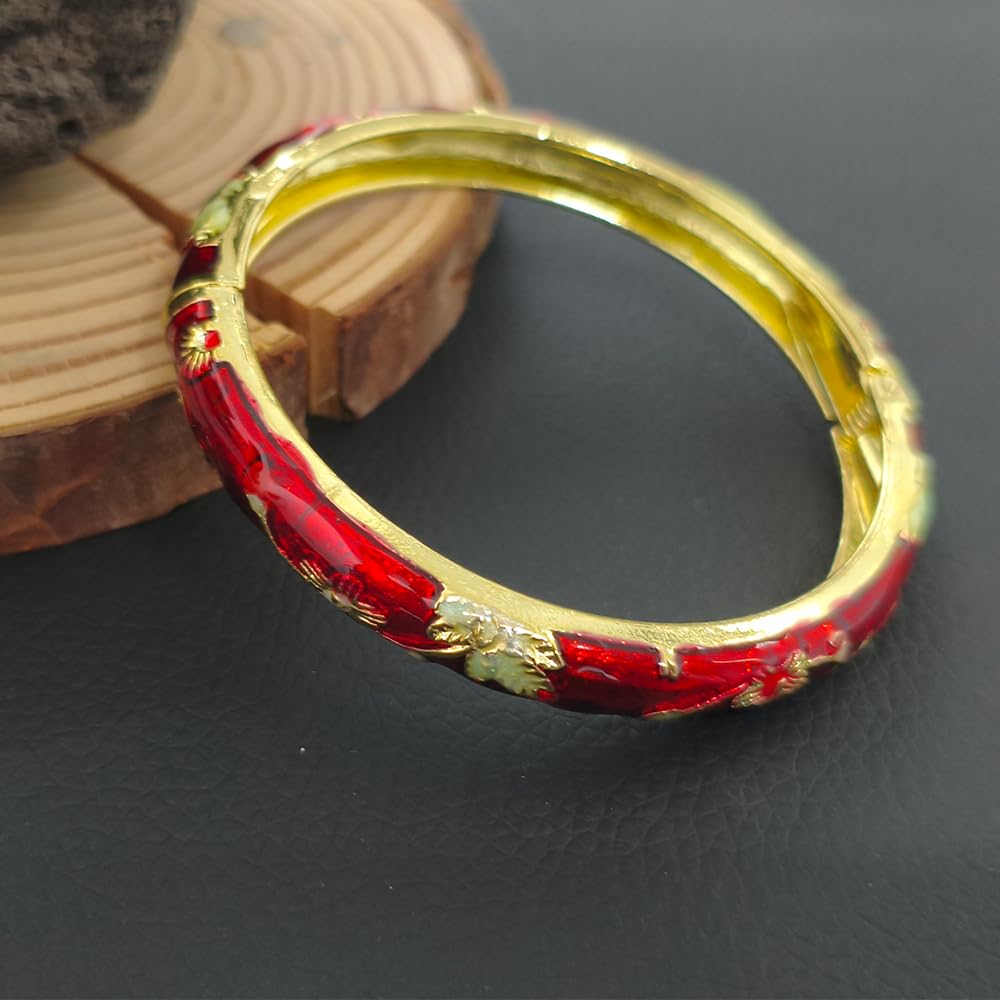 BlingNook Cloisonne Bracelet For Women, Chunky Bangle Trendy Cute Flower Enamel Bangles Multi Tone Engraved Cuff Gold Plated Bracelets Stackable Wife Jewelry Friendship Gift (Dark Red, One Size)