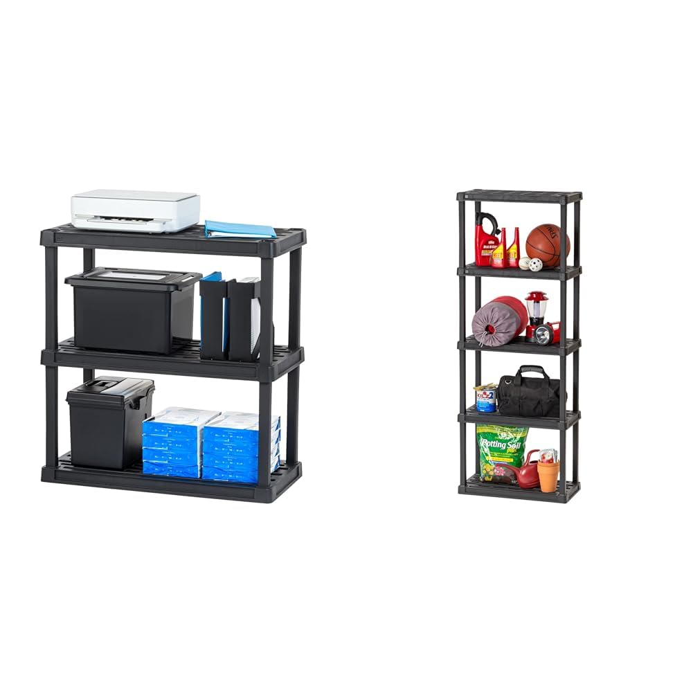 IRIS USA 3-Tier 58" H and 5-Tier 64" H Heavy Duty Storage Shelves Bundle, Recycled Plastic Home Organizers