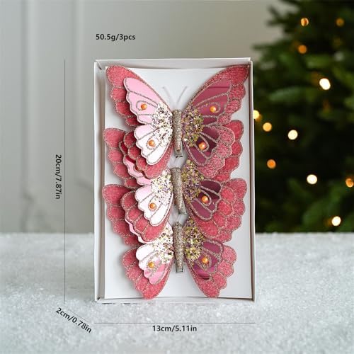 LEBETE Pack of 3 Double Layer Butterfly Christmas Tree Clips Accessory Elegant Fabric Ornaments for Holiday Decorations
