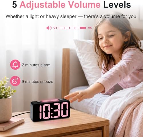 DreamSky Small Digital Alarm Clock with Night Light for Kids Bedroom | RGB Desk Clock with Large Numbers for Teens Boys, Brightness Dimmer, Adjustable Alarm Volume, USB Port, USB-C Adapter Powered