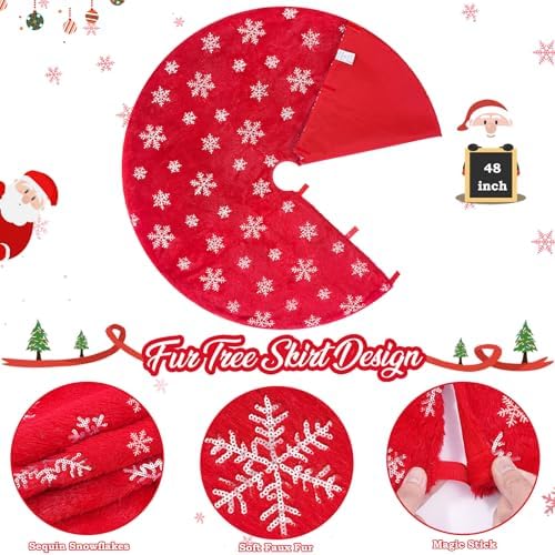 Christmas Tree Skirt Red Faux Fur with Silver Sequin Snowflakes 48 Inch Large Red Thick Xmas Plush Tree Skirt Ornaments