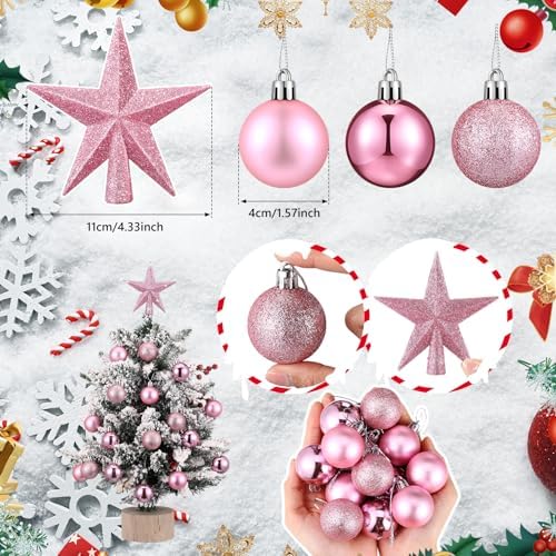 RoundFunny 25 Pcs Mini Christmas Balls Ornaments Set 1.57 Inch Christmas Day Ball Topper Star Tree Hanging Ornaments for Party Decoration(Pink)