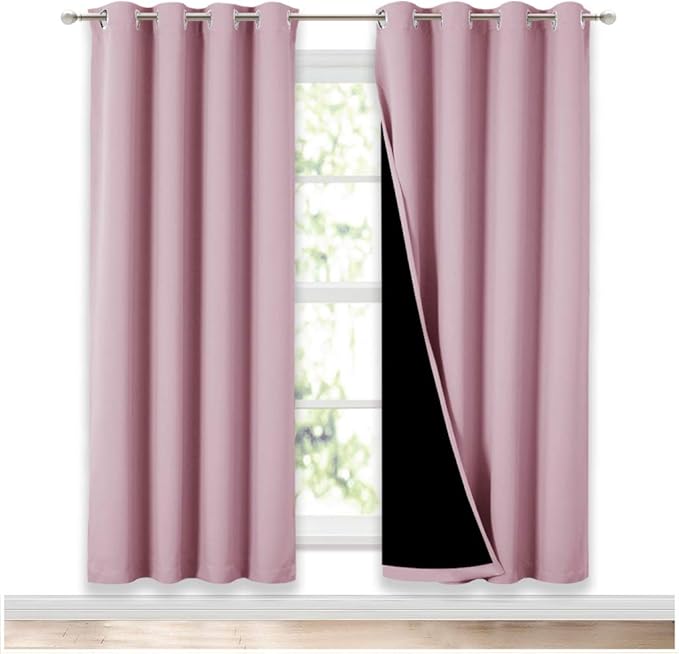 NICETOWN 100% Blackout Window Panel Curtains, Full Light Blocking Drapes with Black Liner for Nursery, 72 inches Drop Thermal Insulated Draperies (Lavender Pink, 2 Pieces, 52 inches Wide Per Panel)