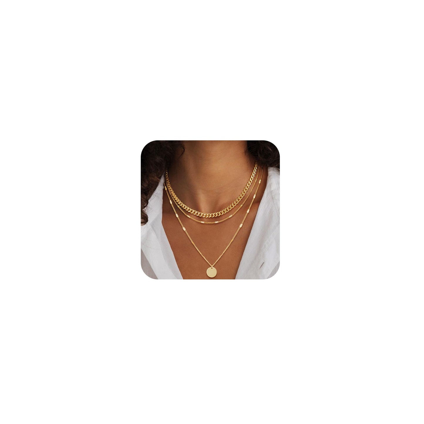 MFRYK Gold Necklaces Stack, 14K Gold Plated Simple Layered Choker Necklaces, Stackable Multilayer Disc Coin Pendant Cuban Link Chain Dot Chain Layering Necklaces Set