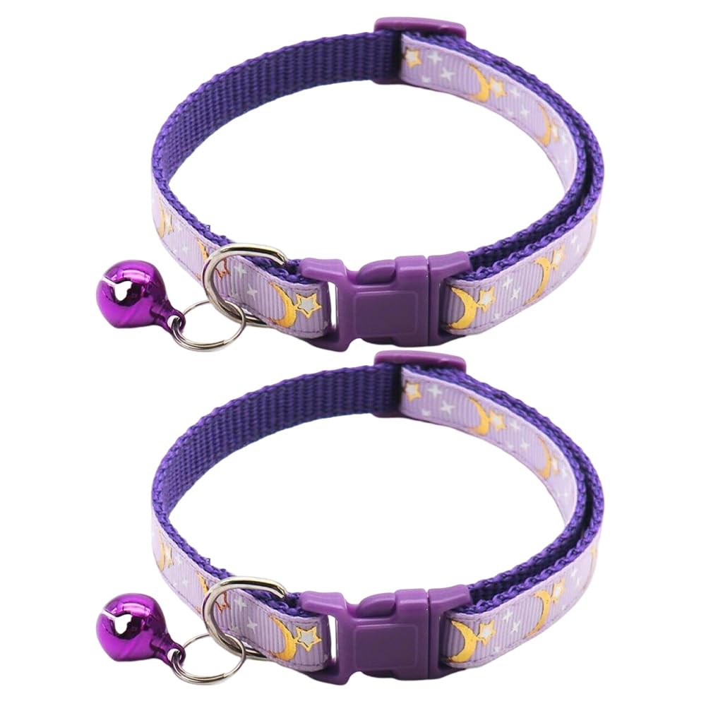 CCUUHJ Reflective Cat Collars Breakaway with Bell Moons Stars 2 Pack Girl Boy Pet Kitten Collar Adjustable 7.5-12.5 Inch (Purple)