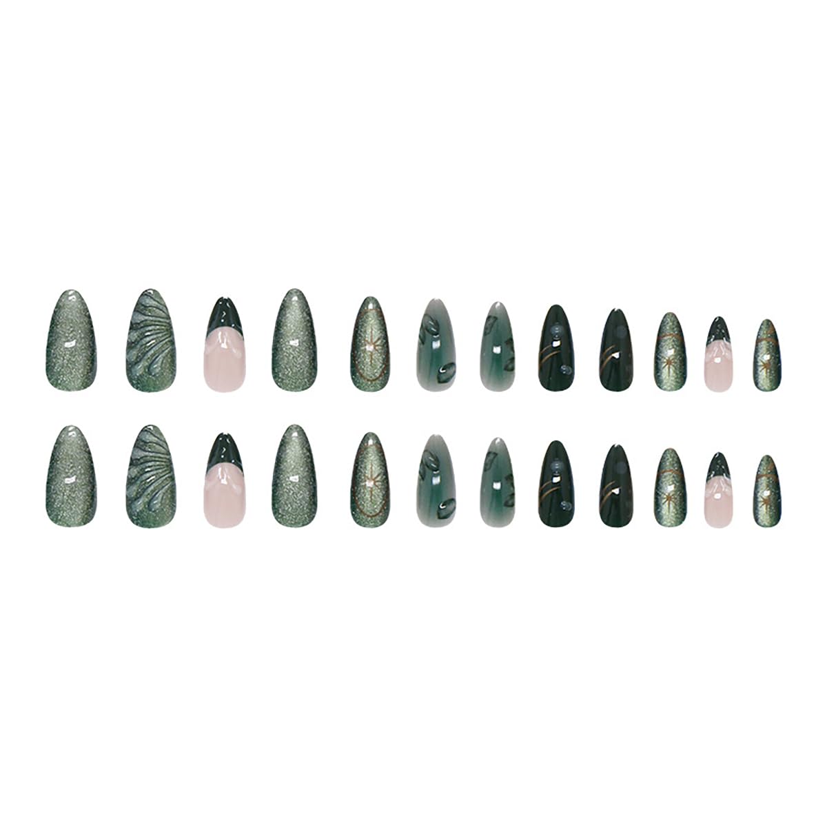 PODUOJIEYI 24Pcs Glitter Green Press On Nails Medium Almond Shape False Nails with 3D Leaf Water Ripple Designs Gold Star Glossy Acrylic Glue On Nails for Women DIY Manicure Salon