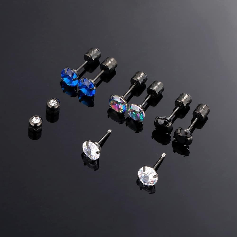 Hopply 4 Pairs Titanium Screw Back Surgical Stainless Steel Earrings for Women Men,Rainbow 5A Cubic Zirconia Studs Double Side Earrings Piercing Sleeper Jewelry 6mm
