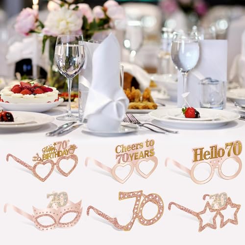 Guiruiy 24PCS 70th Birthday Paper Eyeglasses Decorations for Women, Pink Rose Gold Happy 70th Birthday Eyeglasses Party Supplies, Funny Seventy Year Old Birthday Glasses Decor - style: Rose Gold 70th