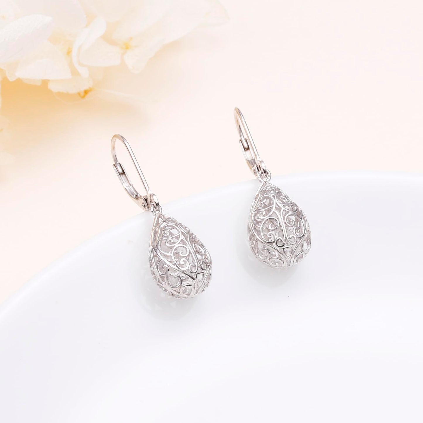 SHAOAN 925 Sterling Silver Heart Filigree Dangle Drop Earrings Leverback Teardrop Earrings for Women Jewelry Gifts