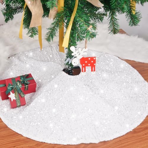 yuboo Mini White Velvet Tree Skirt 24 inch, Small Table Top Christmas Tree Skirt with Glitter Sequin for White Pearl Christmas Decorations