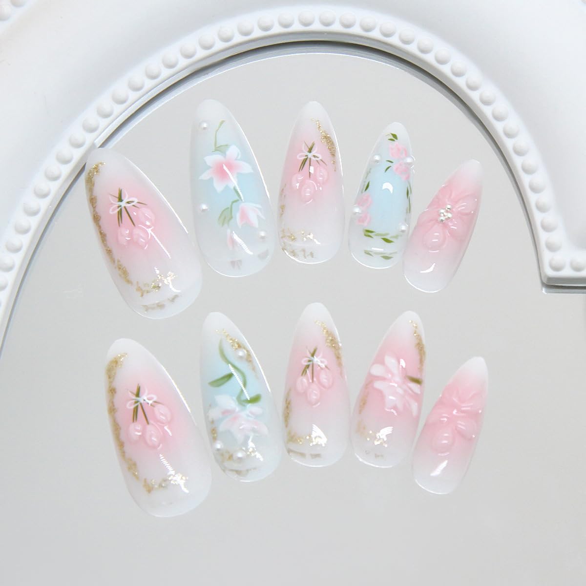 Mkwntg 24Pcs Gradient Press on Nails Medium Almond Fake Nails 3D Light Flower Blush Pearl Shimmer False Nails Pink Blue White Glue on Nails Reusable Acrylic Spring Floral Stick on Nail for Women