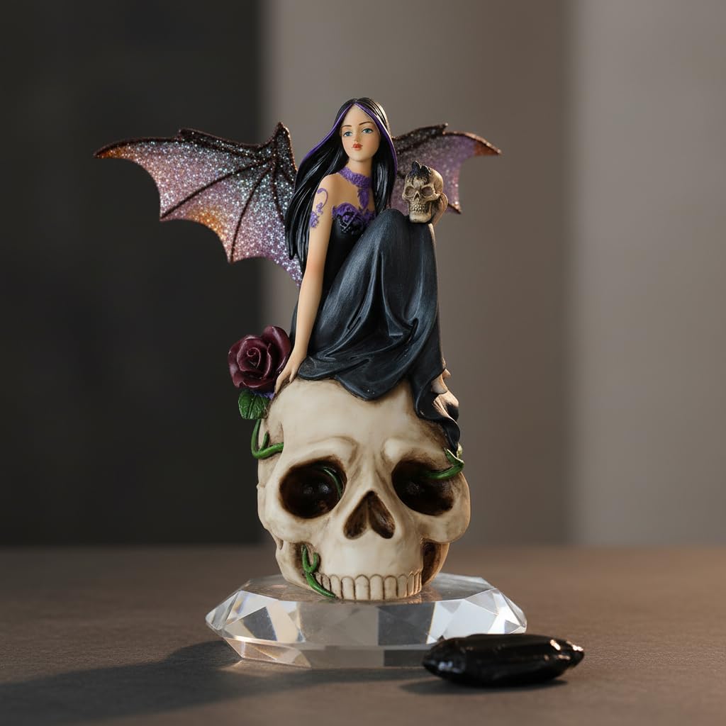 Comfy Hour 7" Dark Fairy Sitting on Skull Figurine, Gothic Fantasy Statue with Mystical Wings, Unique Home Office Desktop Decor Accent, Polyresin Artisan Crafted Sculpture, 1 Unit
