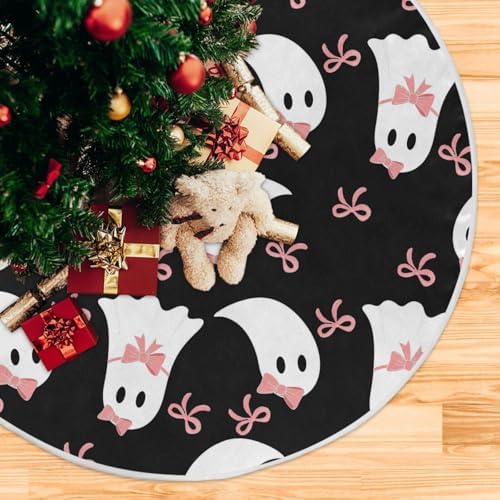Dussdil Halloween Christmas Tree Skirt Decoration, Large Tree Skirt Ornament 48 Inch with Halloween Ghost Bow Xmas Tree Skirts Seasonal Round Tree Stand Mat for House Party Indoor Home Office Decor