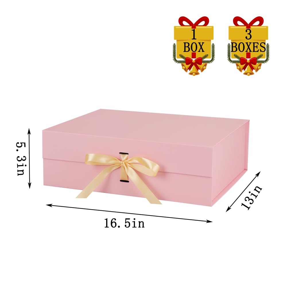 BoxSkivra Large Pink Gift Box with Ribbon 1 Pack 16.5X13X5.3 Inch Extra Large Gift Box with Lid Magnetic Closure Rectangle Collapsible Luxury Boxes for Mother's Day、Shredded Paper Filler & Card