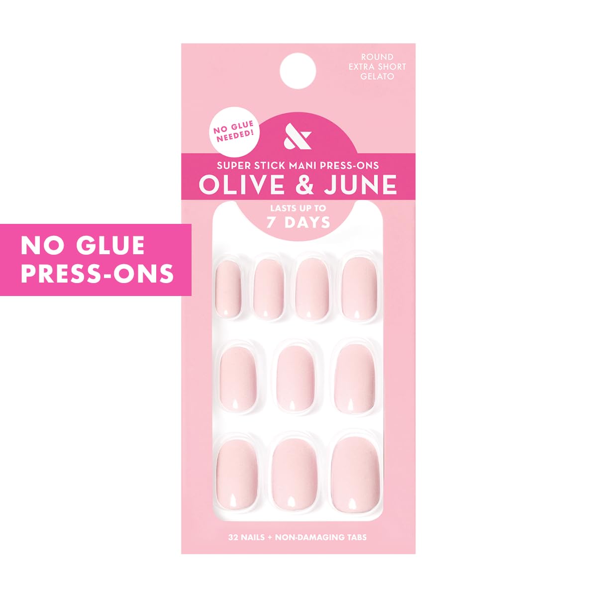 Olive & June Classic Super Stick Mani Press On Nails | No Glue Needed | 32 Tab Nails 16 Sizes | Non-Toxic Tabs Non-Damaging 7-Day Wear | Spring Flowers & Patterns | Short, Round | Gelato Pink