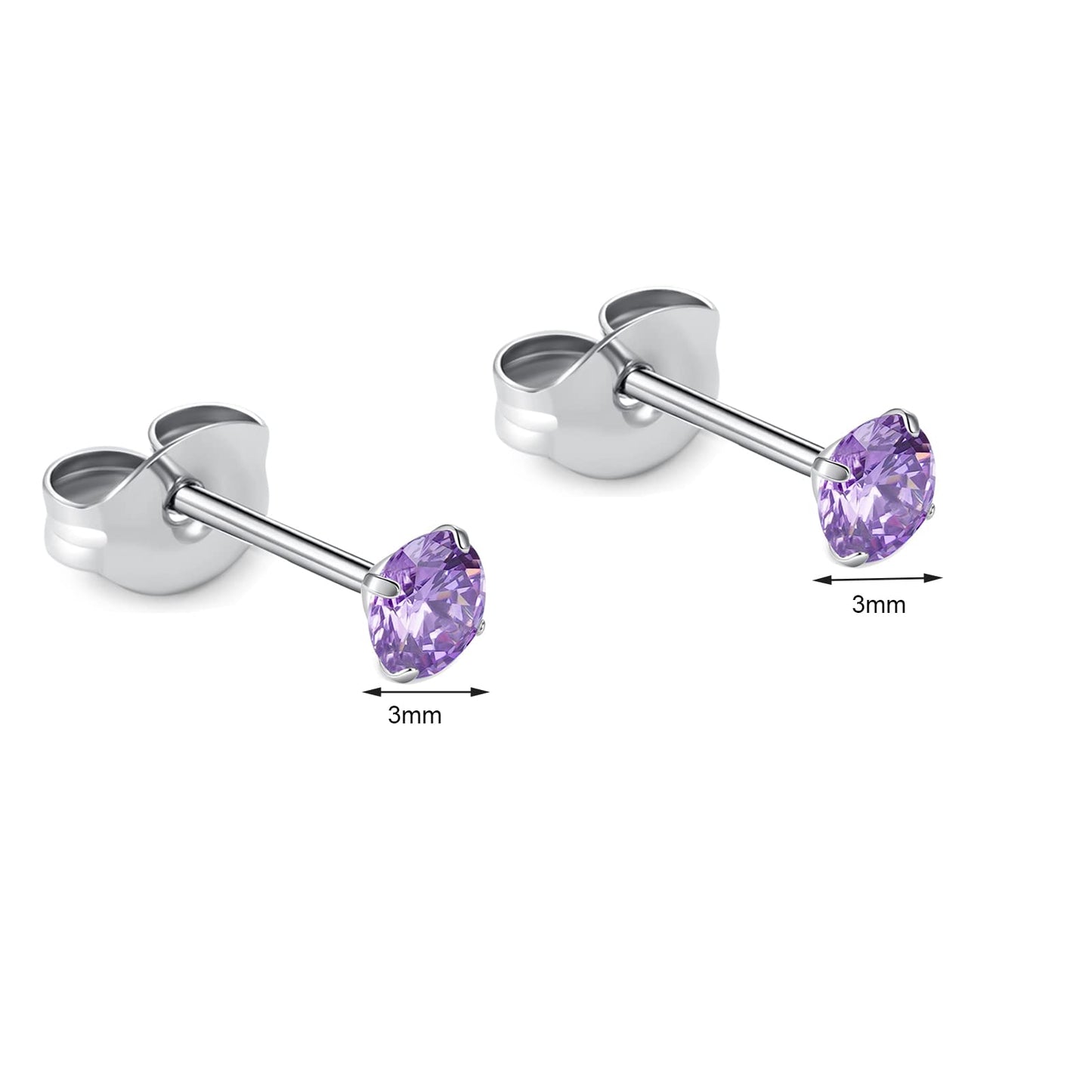 1 Pair Implant Grade Titanium Stud Earrings Set Hypoallergenic 3mm 4mm 5mm 6mm Cubic Zirconia G23 Titanium Earring Studs for Women Men for Sensitive Ear (3mm purple)