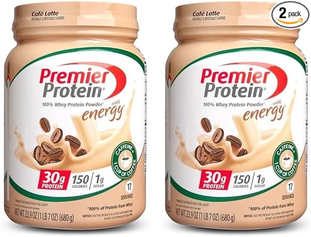 Premier Protein Powder, Cafe Latte, 30g Protein, 1g Sugar, 100% Whey Protein, Keto Friendly, No Soy Ingredients, Gluten Free, 17 Servings, 23.9 Ounce (Pack of 2)