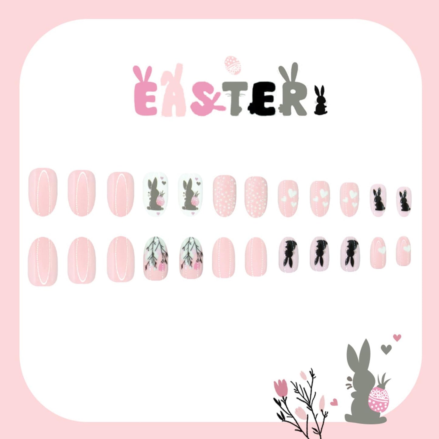 Flowers Easter Press on Nails Oval Shaped Artificial Acrylic Fingernails Nude Pink False Nails Black Rabbit Floral Spring Short Stick on Nail Full Cover Glossy Fake Nail for Women Festival Manicure