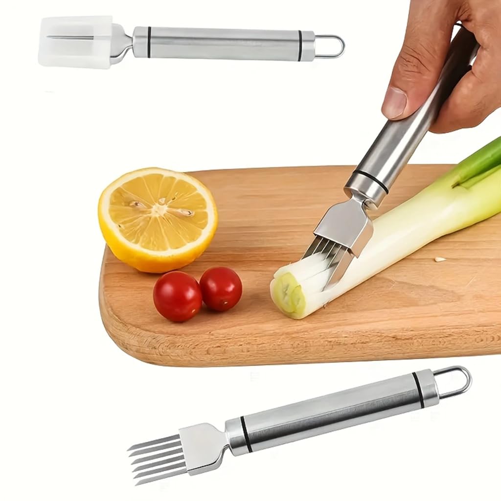 Green Onion Slicer, Multi-Blade Kitchen Herb Cutter, Professional Scallion Shredding Tool (1, Silver and black)